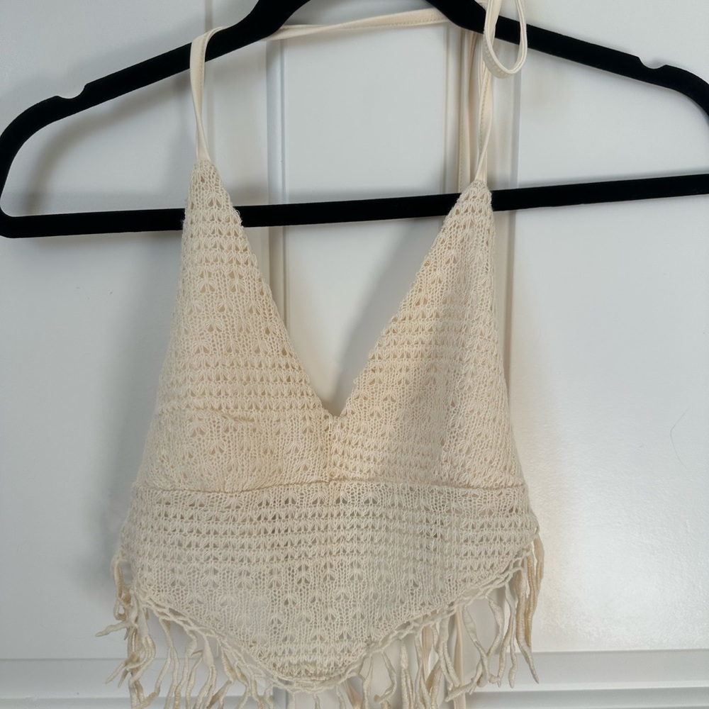 Cream Crochet Fringe Top